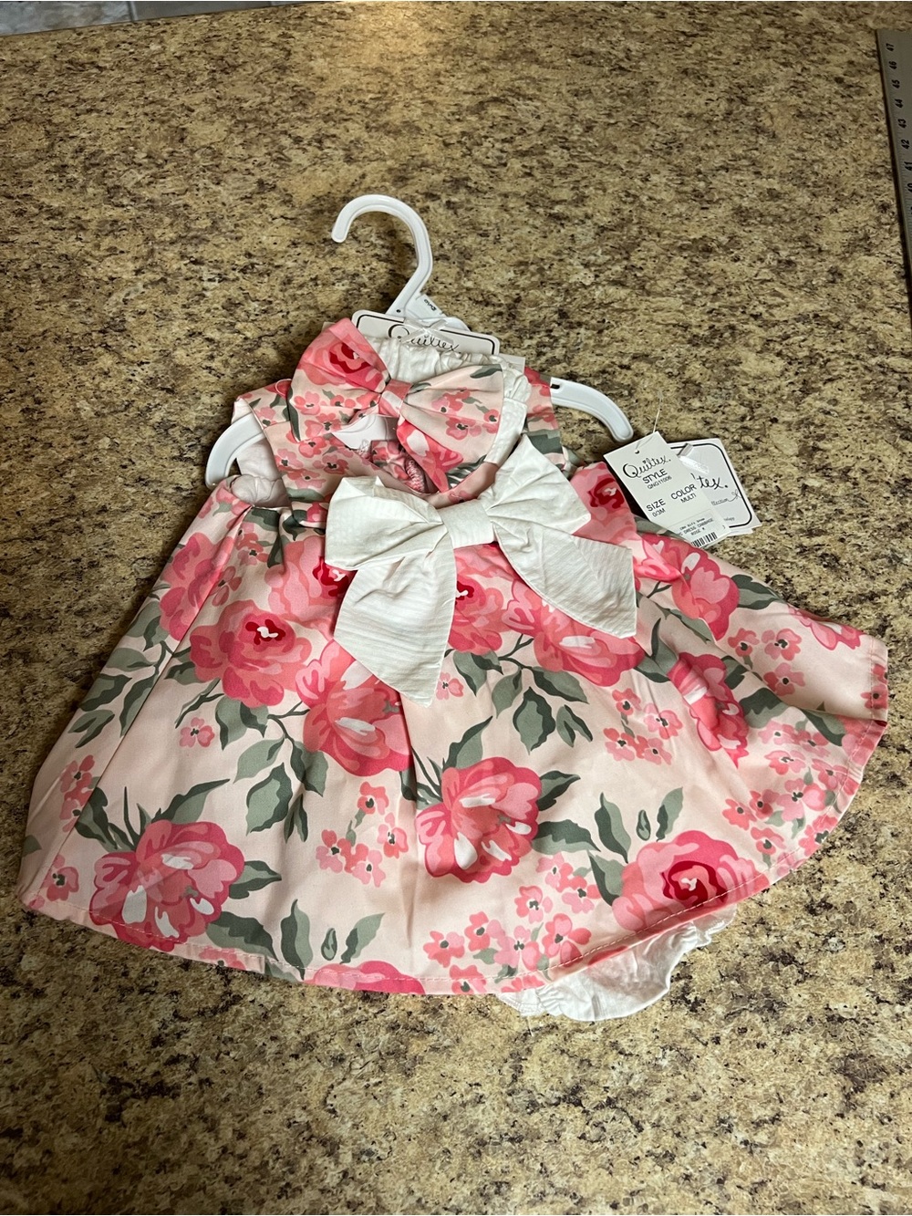 NWT BOTIQUE Infant Baby White & Pink Floral Bow Dress 0-3 months